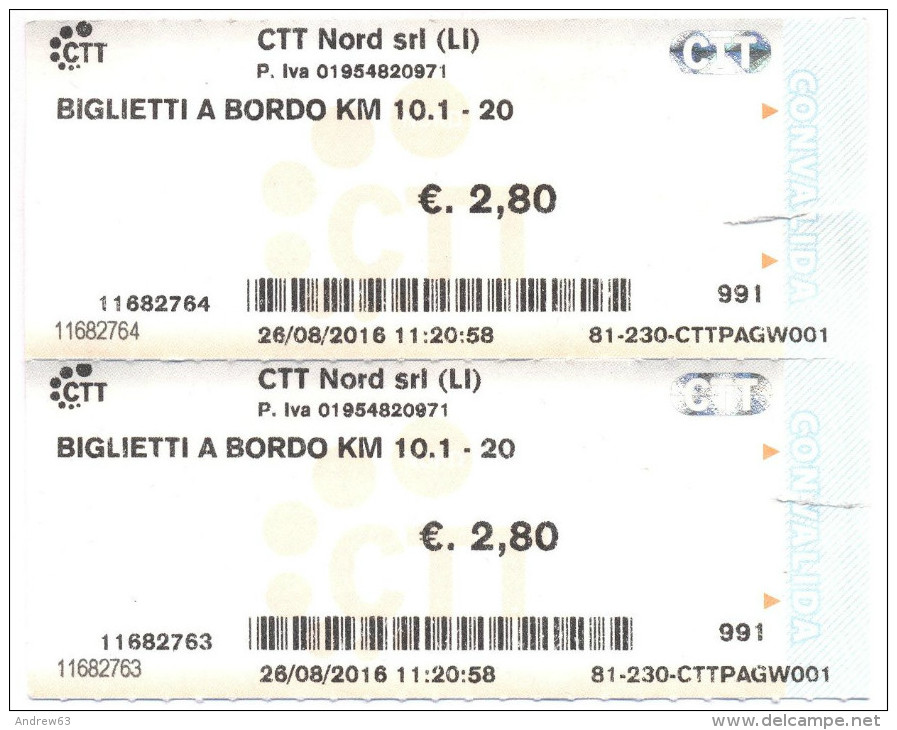 ITALIA - ITALY - ITALIE - 2016 - N. 2 Biglietto A Bordo Km. 10.1-20 - Isola D'Elba - CTT Nord Srl - Europe