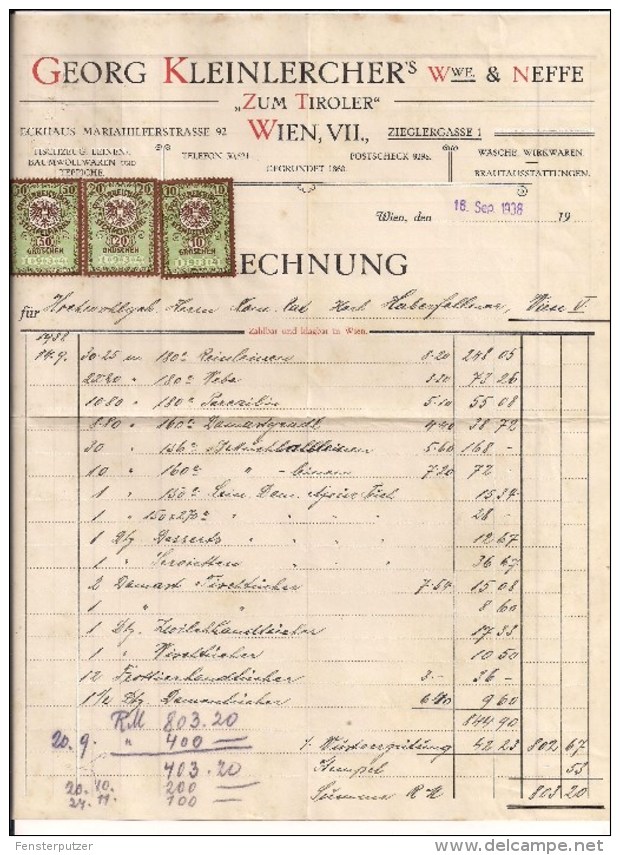 1 Alte Rechnung 16.9.1938 In Reichsmark Von Wien An Herrn Haberfellner Wien Mit 3 Augeklebten Stempelmarken 10, 20 + 50 - Österreich