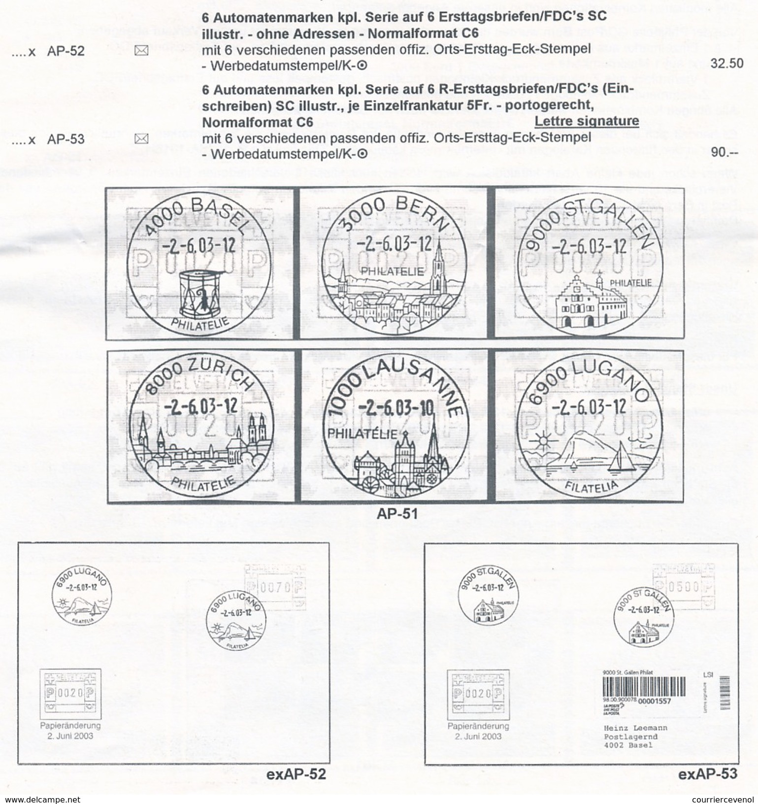SUISSE -  FDC 2003 - Série "Automatenmarken" - 6 enveloppes