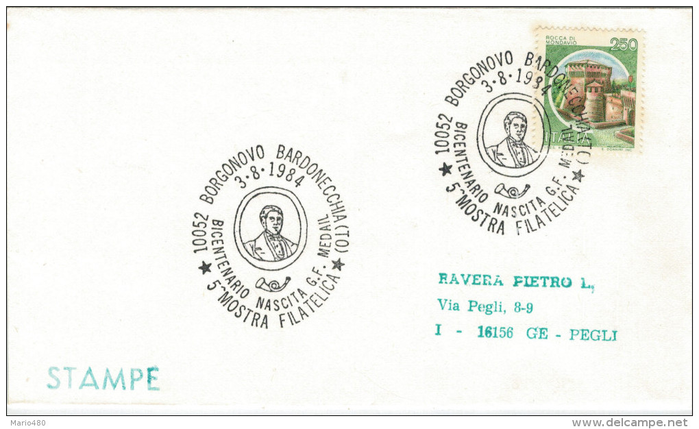 ANNULLI  SPECIALI  BORGONOVO  BARDONECCHIA (TO)  BICENTENARIO NASCITA G.F. MEDAIL    (STAMPE) - 1981-90: Storia Postale