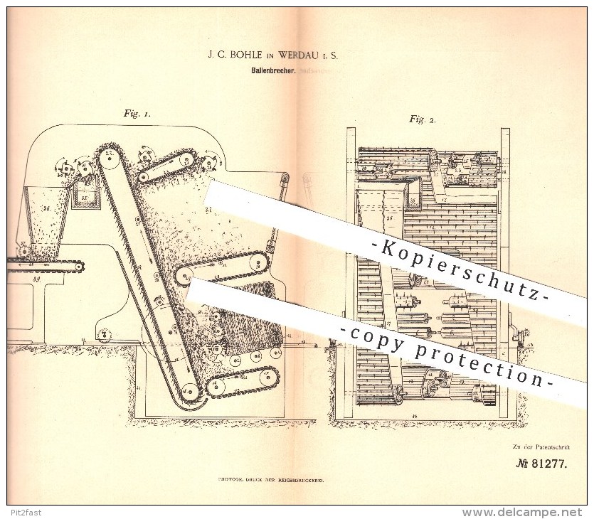 Original Patent - J. C. Bohle , Werdau , 1894 , Ballenbrecher | Wolle , Wollballen , Spinnen , Spinnerei , Spinnmaschine - Historische Dokumente