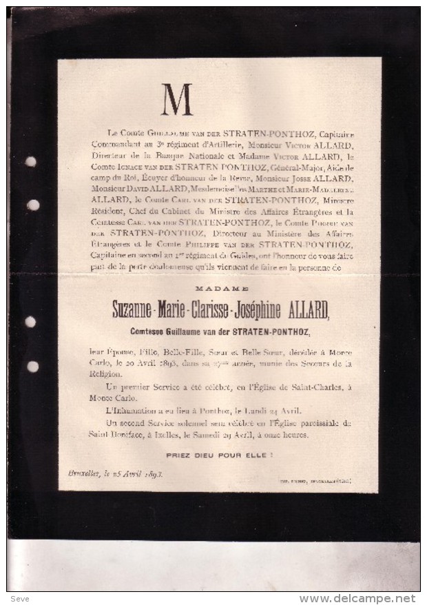 MONTE CARLO Bruxelles Suzanne ALLARD Comtesse Van Der STRATEN-PONTHOZ 27 Ans En 1893 Faire-part Décès - Décès