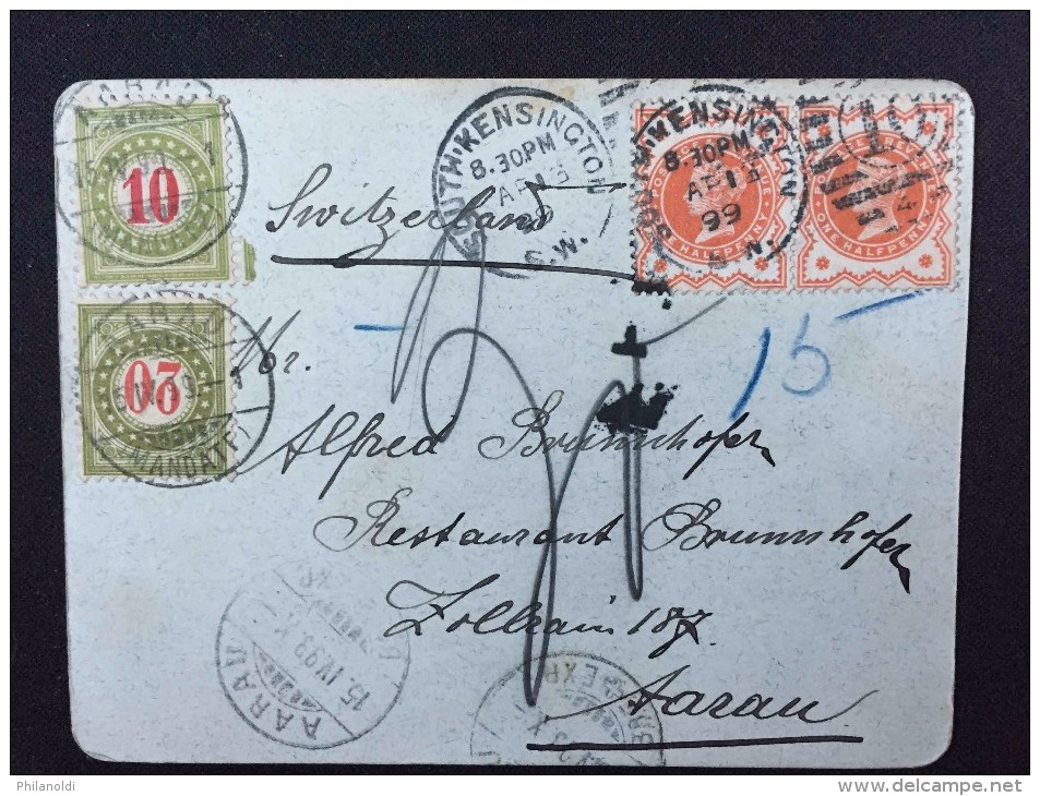 GB 1899 SOUTH KENSINGTON Postcard To Switzerland Aarau, 20 + 10 Stamps Due, Taxed, Carte Taxée, Strafporto - Poststempel