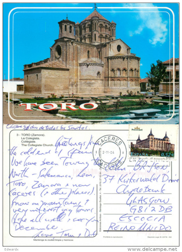 Church, Toro, Spain Postcard Posted 2004 Stamp - Zamora