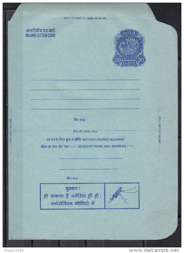 INDIA, POSTAL STATIONERY, 20p INLAND LETTER CARD, Peacock, Advertisement, Malaria, Prevention, Health - Inland Letter Cards