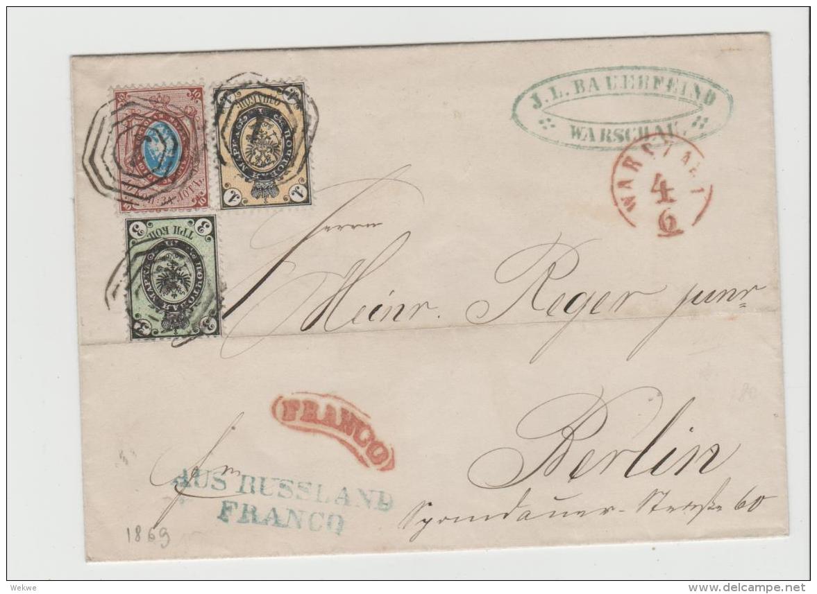 Pol198 / POLEN - Warschau 1869, 3 Farben Frankatur, Franco Berlin Und Aus Russland , Franco In Blau. SELTEN - Briefe U. Dokumente