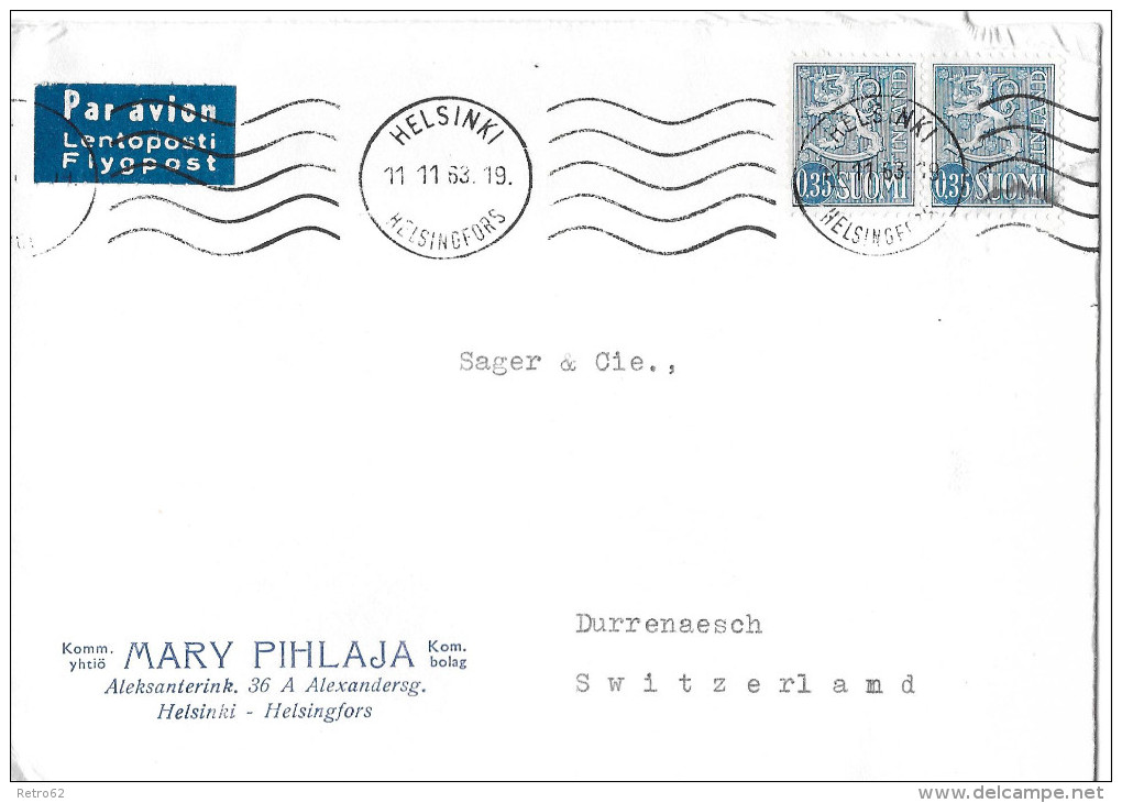 HELSINKI - DÜRRENÄSCH &#8594; Luftpostbrief/Flypost Helsinki 11.11.1963 - Lettres & Documents