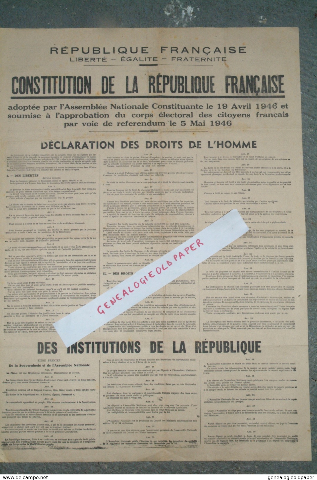 POLITIQUE - AFFICHE CONSTITUTION REPUBLIQUE FRANCAISE -ASSEMBLEE NATIONALE 19 AVRIL 1946- REFERENDUM 5 MAI 1946-DROITS - Affiches