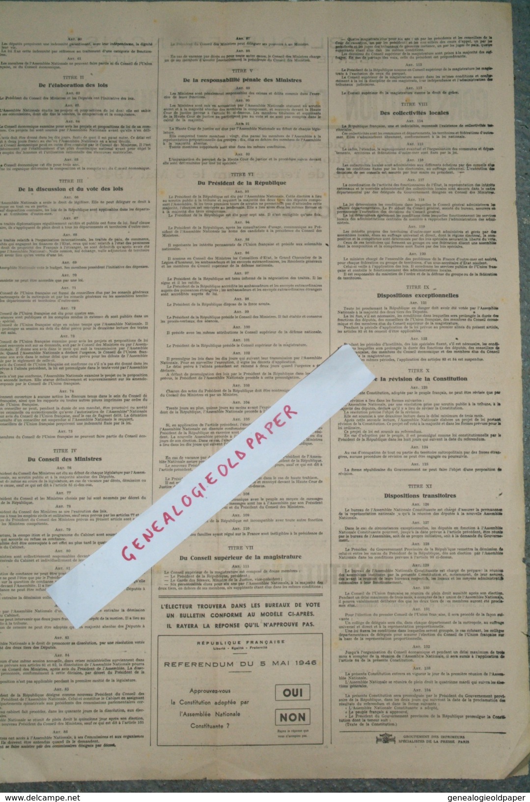 POLITIQUE - AFFICHE CONSTITUTION REPUBLIQUE FRANCAISE -ASSEMBLEE NATIONALE 19 AVRIL 1946- REFERENDUM 5 MAI 1946-DROITS - Affiches