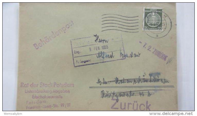 DDR Dienst/ZKD Brief Mit 20Pfg Mit Z-1 "Behördenpost" Und "Zurück"-Vermerk, RS Interessante Vermerke, Vom 5.2.55  Knr: 8 - Autres & Non Classés