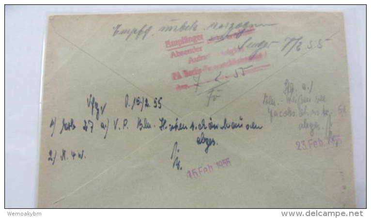 DDR Dienst/ZKD Brief Mit 20Pfg Mit Z-1 "Behördenpost" Und "Zurück"-Vermerk, RS Interessante Vermerke, Vom 5.2.55  Knr: 8 - Autres & Non Classés