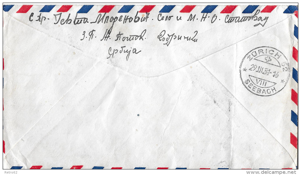 PROKUPLUJE - ZÜRICH &#8594; R-Air Mail/Luftpostbrief Mit Stempel Prokupluje 24.03.1951 &#9658;Chargé&#9668; - Lettres & Documents