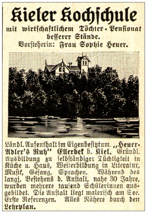 Original-Werbung/ Anzeige 1910 - KIELER KOCHSCHULE / ELLERBEK - KIEL - Ca. 45 X 60 Mm - Werbung