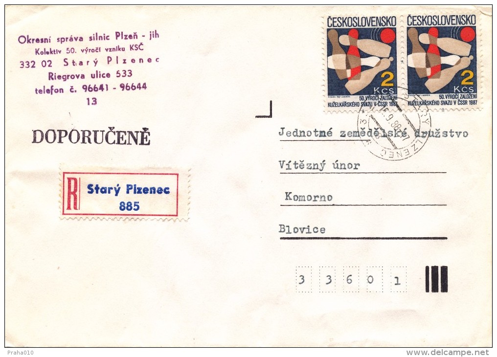 K9333 - Czechoslovakia (1988) Stary Plzenec (R-letter) Tariff: 4 Kcs (stamp: 50th Anniversary Of Bowling Association) - Bocce