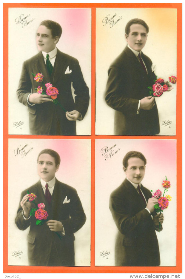 Suite De 4 CPA Bonne Année " Homme Avec Des Roses " - Hommes