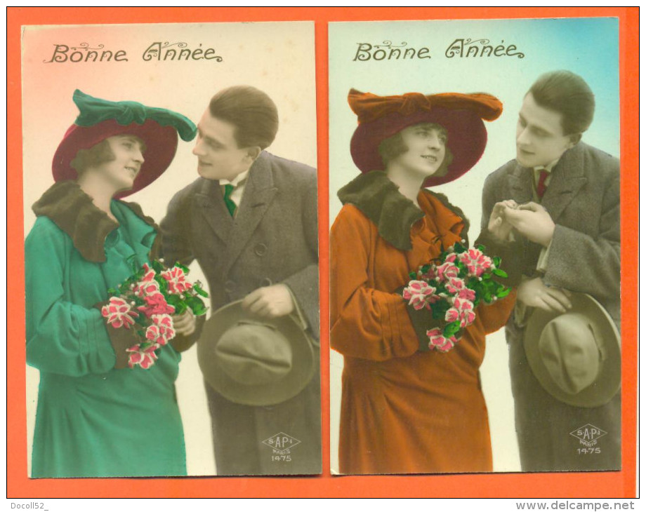 Suite De 5 CPA Bonne Année " Couple Femme Et Homme Avec Chapeau " 2 Scans - Couples