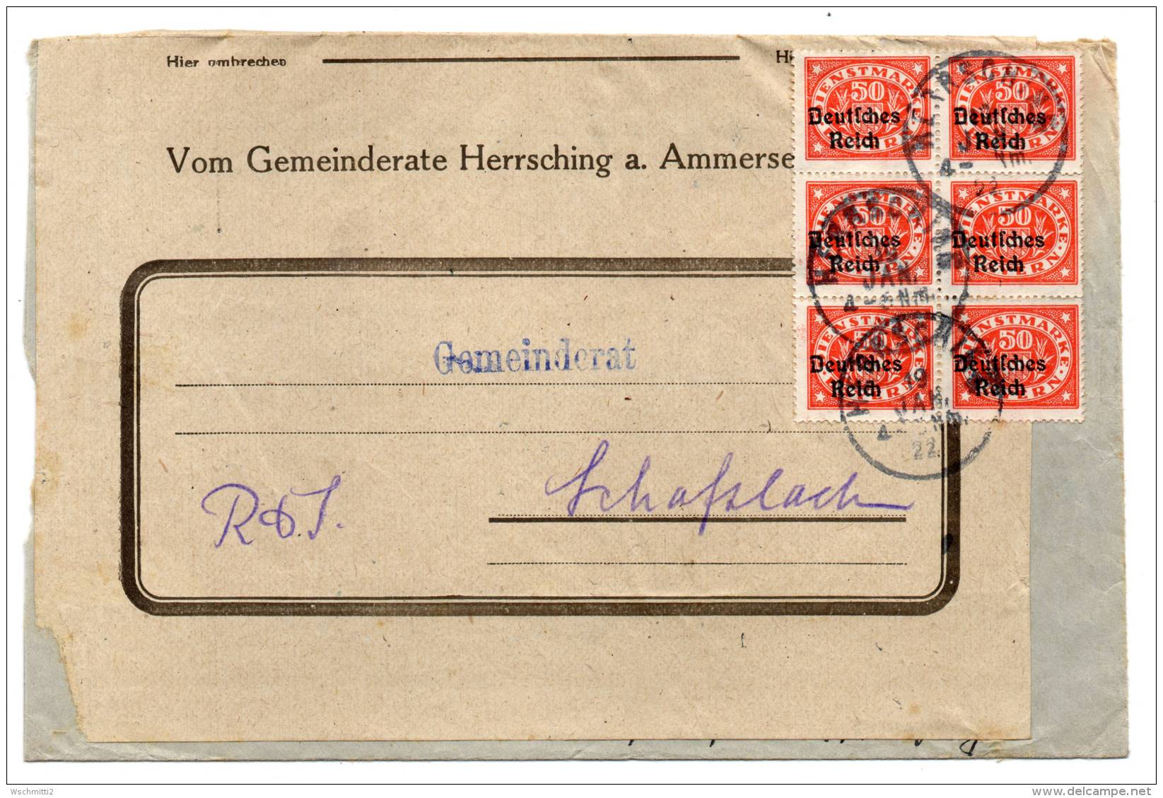 DR  Gr. Dienstbrief  2.Gew.stufe HERRSCHING - SCHAFTLACH D 40 (6); 19.1.22 - Dienstmarken