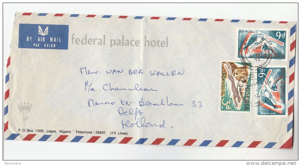 1972 Air Mail NIGERIA Federal Palace HOTEL COVER Stamps BIRD, CHEETAH To Netherlands - Nigeria (1961-...)