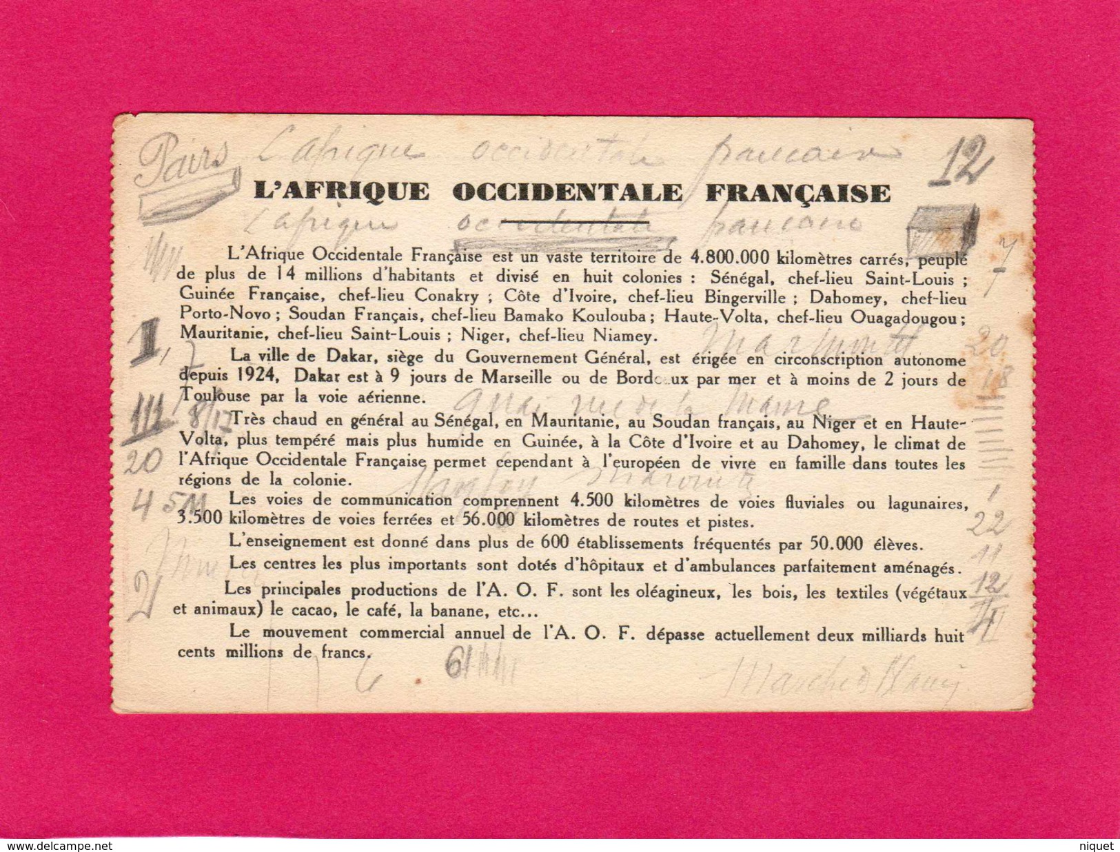 Carte D'AFRIQUE OCCIDENTALE FRANçAISE, 1931 - Non Classificati