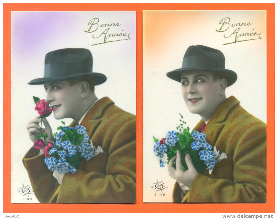 Suite De 5 CPA Bonne Année " Homme Avec Chapeau Et Bouquet De Fleurs " 2 Scans - Men