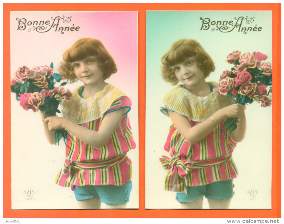 Suite De 5 CPA Bonne Année " Petite Fille Avec Bouquet De Fleurs " 2 Scans - Collections, Lots & Series