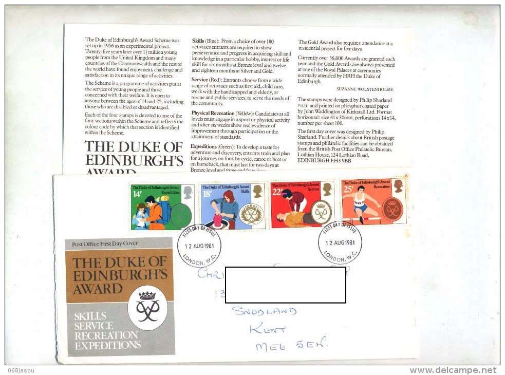 Lettre Fdc 1981 Duke Edinburgh's Award  + Notice - 1981-1990 Decimal Issues