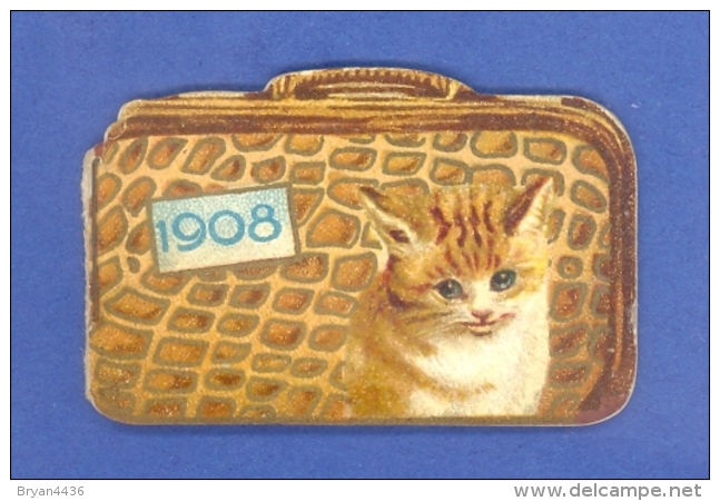 CHAT  - CHATON - RARE MINI CALENDRIER VALISE -1908 - (3,5 X 5,5 Cm) - VOIR 3 SCANS. - Cats