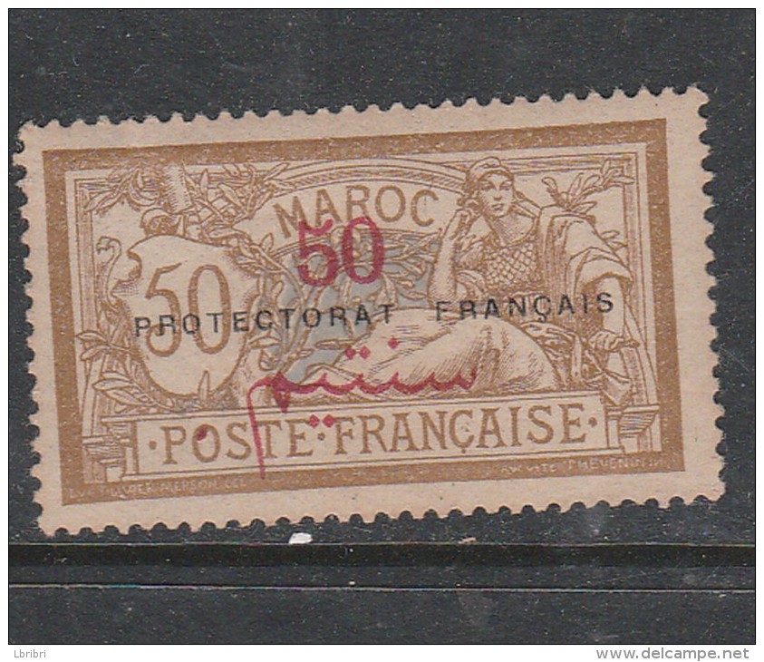 MAROC N° 35 50C S 50C BRUN ET GRIS SURCHARGE ROUGE  TYPE MERSON NEUF AVEC CHARNIERE - Unused Stamps