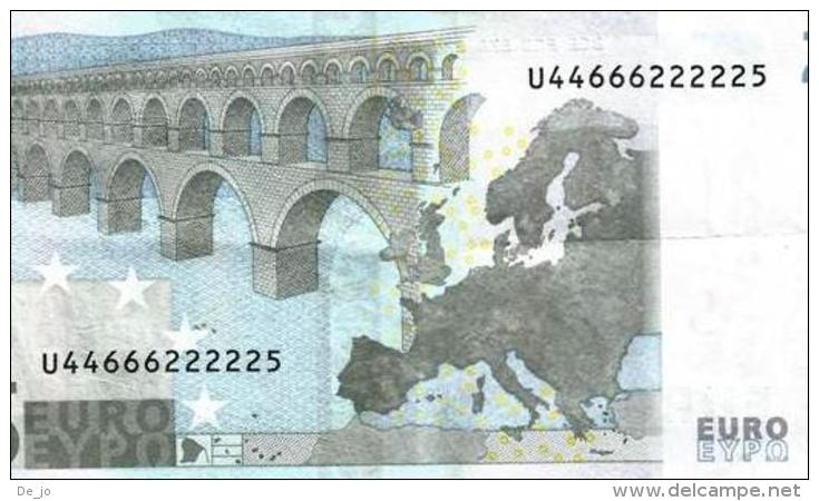 Special Serial Number U446662222225 - Nearly New - Last Chance! Old Design - French 5 Euro Note - 5 Euro