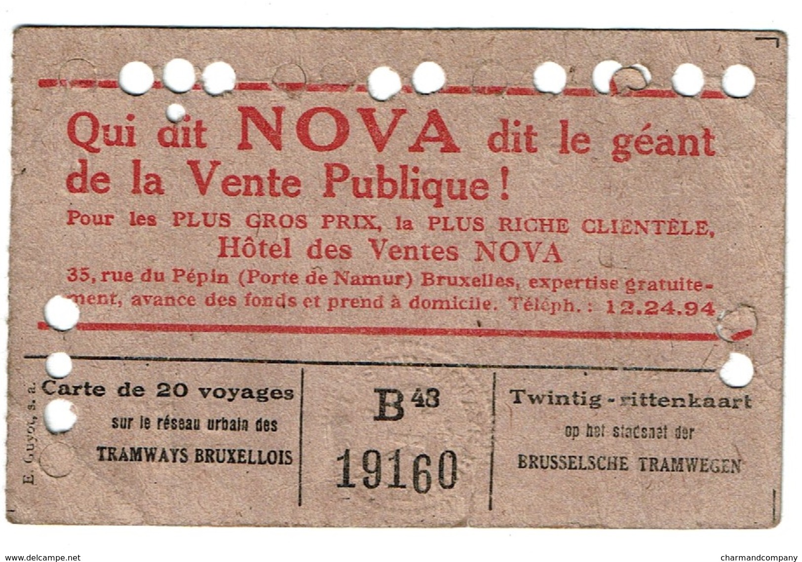 TRAMWAYS Carte De 20 Voyages Avec Pub Hôtel Des Ventes NOVA, Tramways Bruxellois, 1945 - 2 Scans - Europe