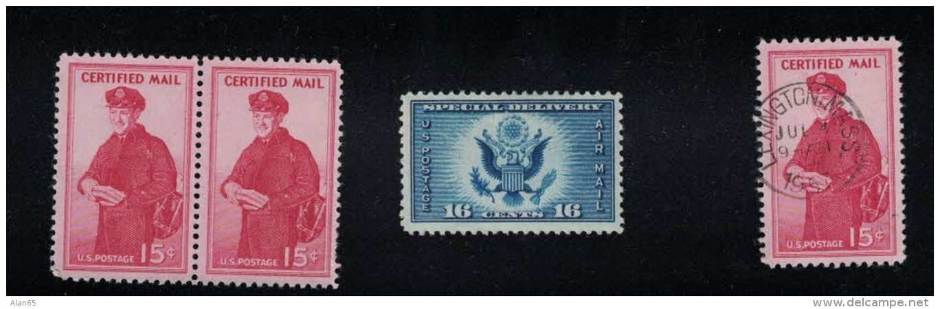Lot Of 4, Sc#FA1 15-cent Certified Mail, Letter Carrier, Block Of 2 MNH, Used &amp; #CE1 Special Delivery Air Mail Stamp - Special Delivery, Registration & Certified