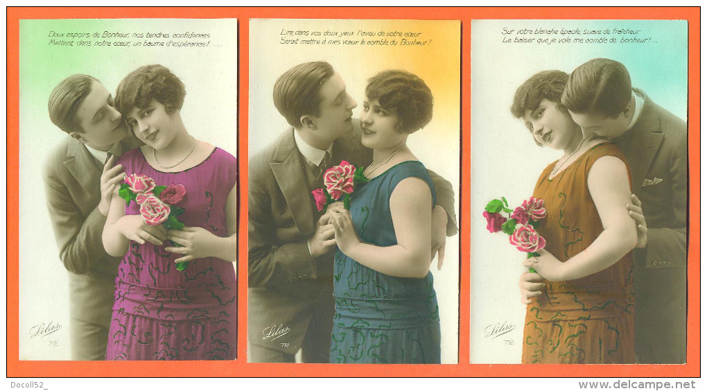 Suite De 5 CPA Romantiques " Couple , Femme Avec Fleurs " 2 Scans - Couples