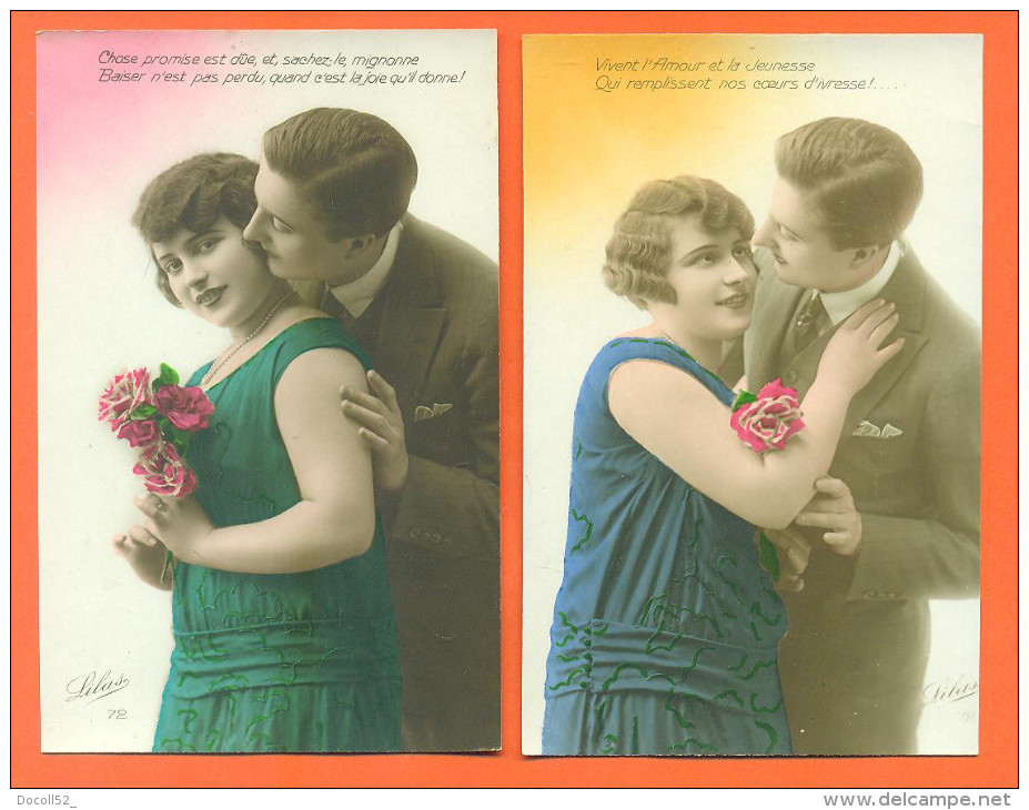 Suite De 5 CPA Romantiques " Couple , Femme Avec Fleurs " 2 Scans - Couples