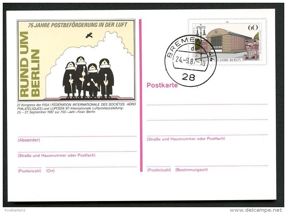 BERLIN P127 Postkarte LUPOSTA FDC Bremen 24.9.1987 - Postcards - Used