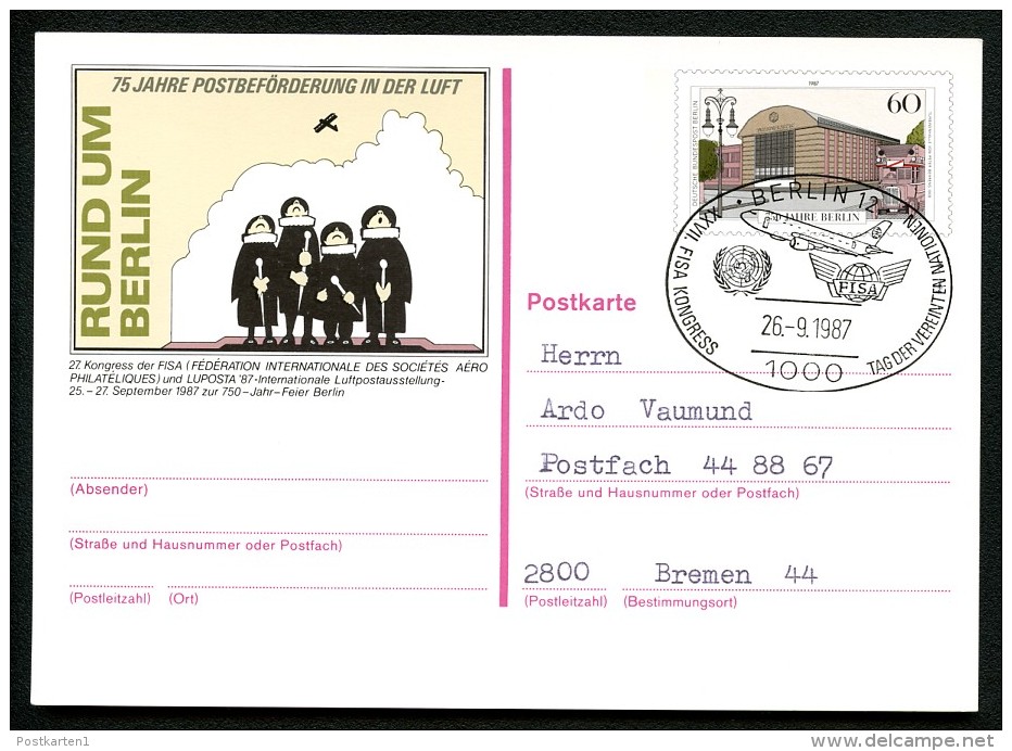 BERLIN P127 Postkarte Sost. 26.9.1987 Flugzeug - Postcards - Used