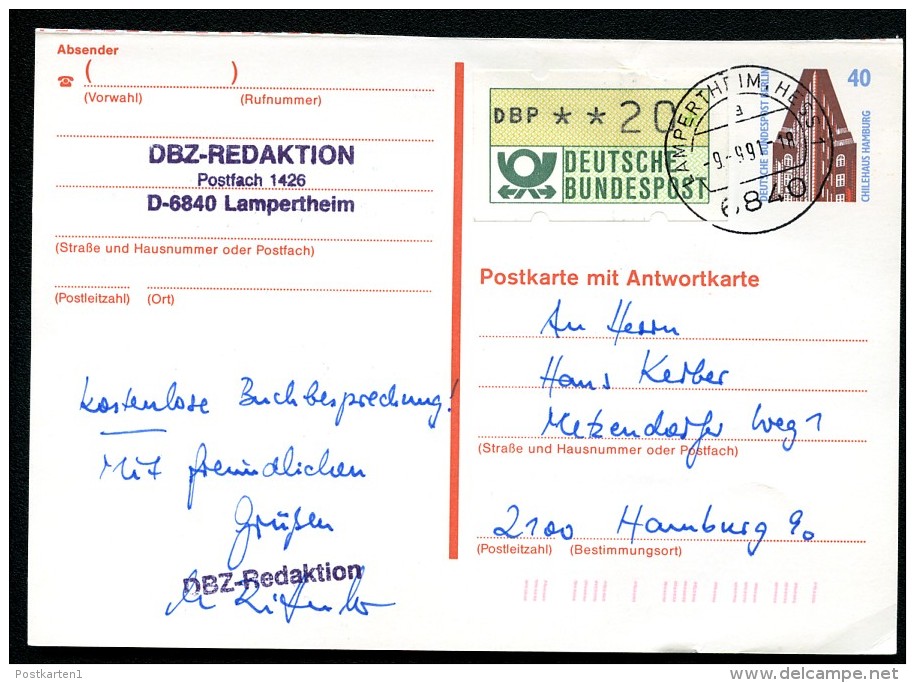 BERLIN P137F Frage-Postkarte Geaufen Lampertheim-Hamburg 1991 Kat. 10,00 € - Postkarten - Gebraucht