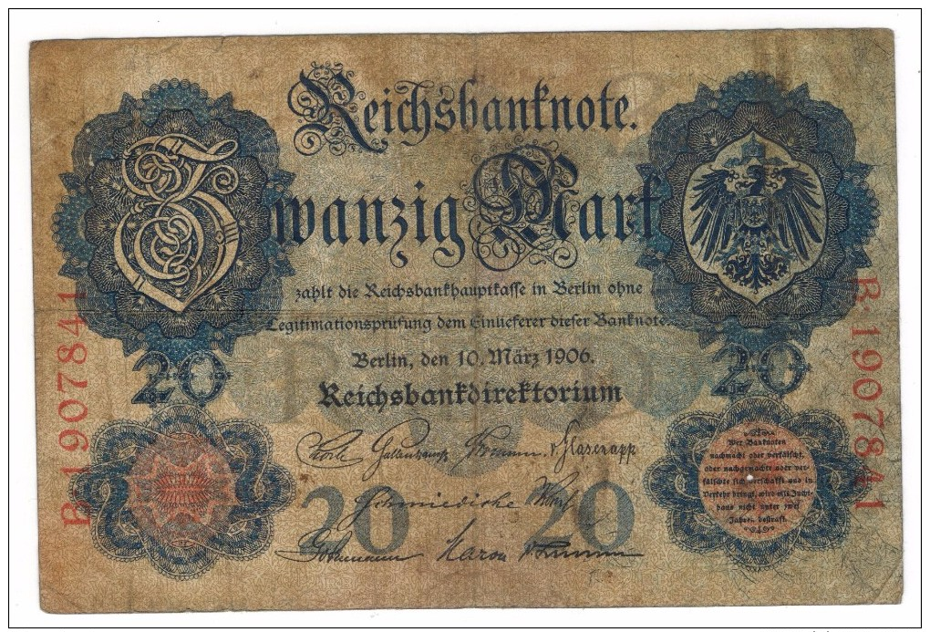 Germany, 20 Mk. 1906, VG.  Free Ship. To U.S.A. - 10 Mark