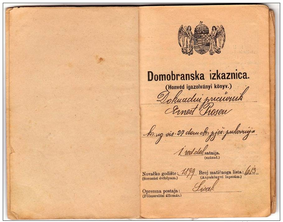 H IDENTIFICATION CARD FOR MILITARY HOMELAND ORGANIZATION DOMOBRANI WWI ZAGREB CROATIA - Historical Documents
