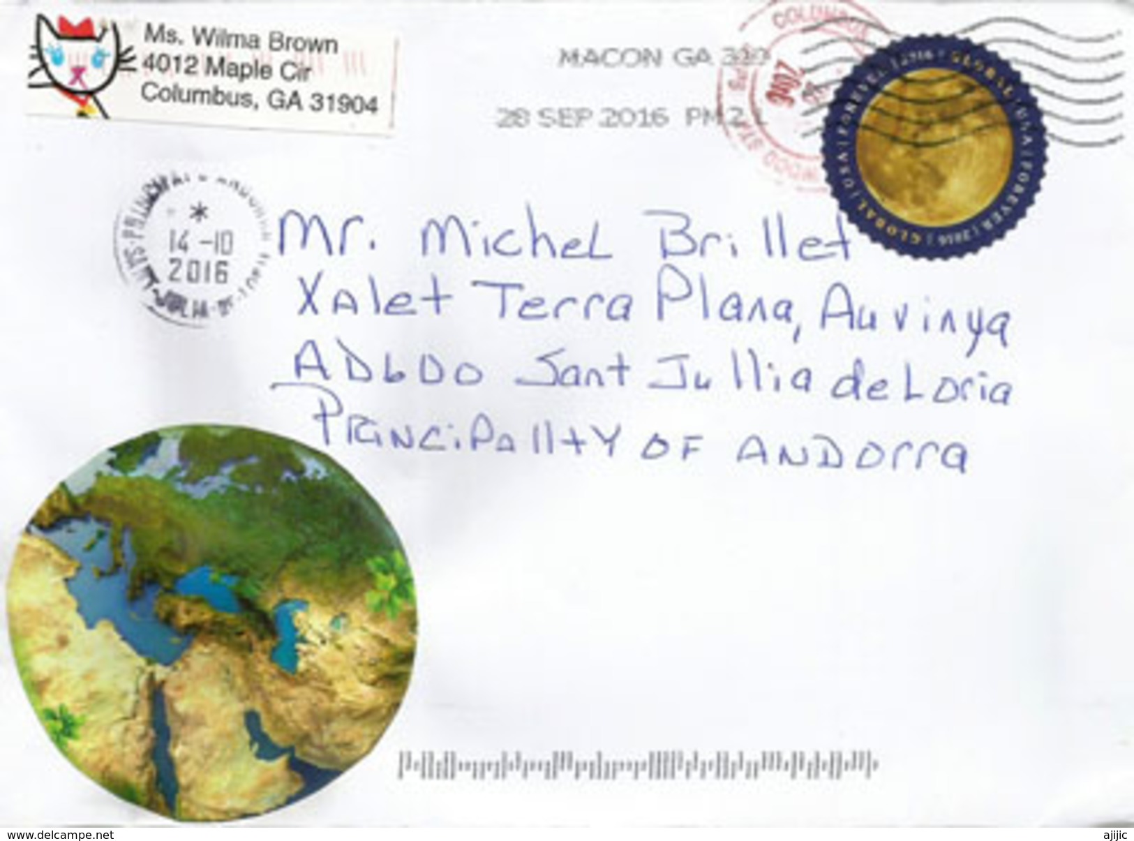 Global Round Forever Stamp (Espace), From Georgia, Addressed To Andorra, With Arrival Stamp - North  America