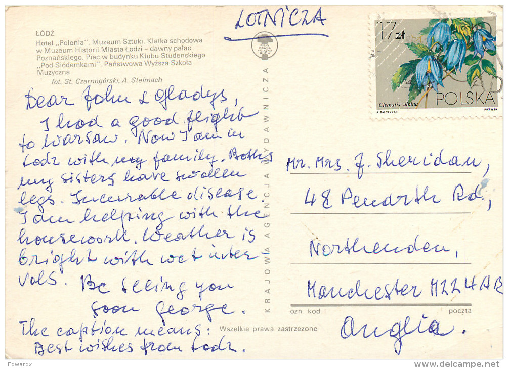 Lodz, Poland Postcard Posted 1986 Stamp - Pologne