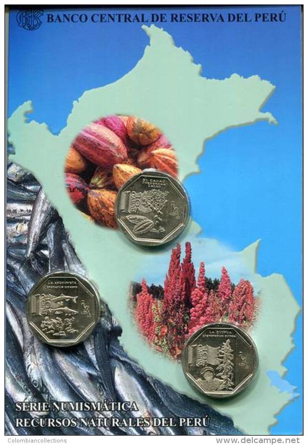 Lote PM2013-1, Peru, 2013, Moneda, Coin, Folder, Serie Numismatica Recursos Naturales Del Peru, Fish, Cocoa, Quinua - Pérou
