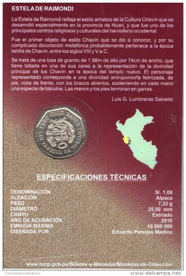 Lote PM2010-3, Peru, 2010, Moneda, Coin, Folder, 1 N Sol, Estela De Raimondi, Indigenous Theme - Peru