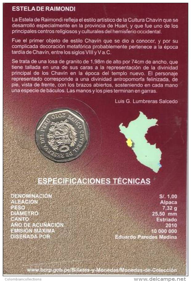 Lote PM2010-3, Peru, 2010, Moneda, Coin, Folder, 1 N Sol, Estela De Raimondi, Indigenous Theme - Perú