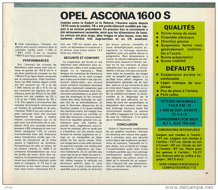 *1976 : Document, OPEL ASCONA 1600 S Au Banc D'essai (Performance, Sécurité Et Confort, Conclusion) - Non Classés