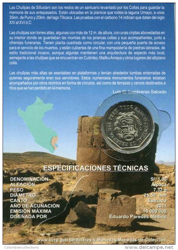 Lote PM2011-1, Peru, 2011, Moneda, Coin, Folder, 1 N Sol, Chullpas De Sillustani, Indigenous Theme - Perú