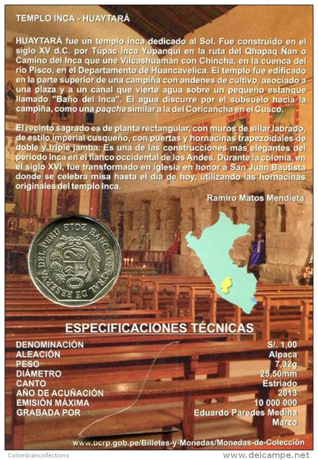 Lote PM2013-1, Peru, 2013, Moneda, Coin, Folder, 1 N Sol, Templo Inca Huaytará, Indigenous Theme - Pérou