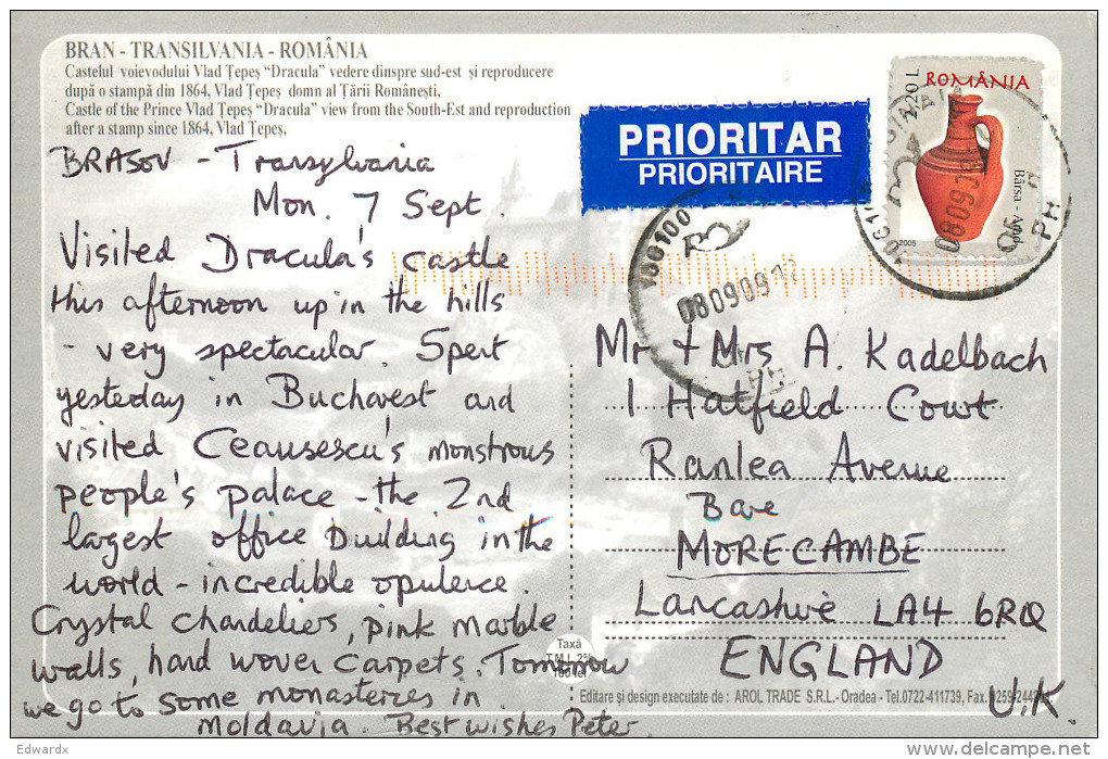 Bran Castle Dracula, Transylvania, Romania Postcard Posted 2009 Stamp - Romania