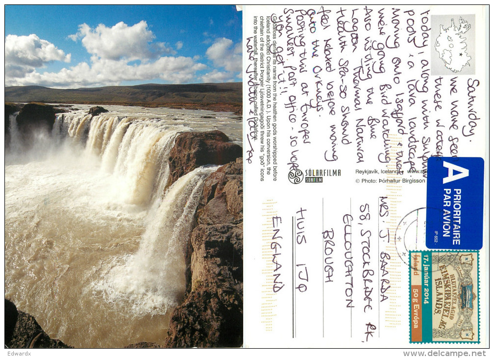 Waterfall, Godafoss, Iceland Postcard Posted 2014 Stamp - Islande