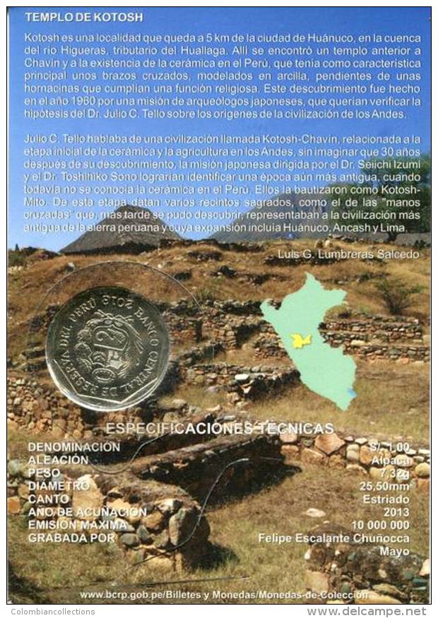 Lote PM2013-2, Peru, 2013, Moneda, Coin, Folder, 1 N Sol, Templo De Kotosh, Indigenous Theme - Peru