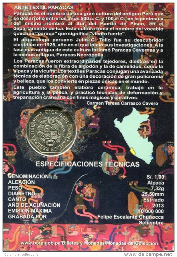 Lote PM2013-3, Peru, 2013, Moneda, Coin, Folder, 1 N Sol, Arte Textil Paracas, Indigenous Theme - Pérou
